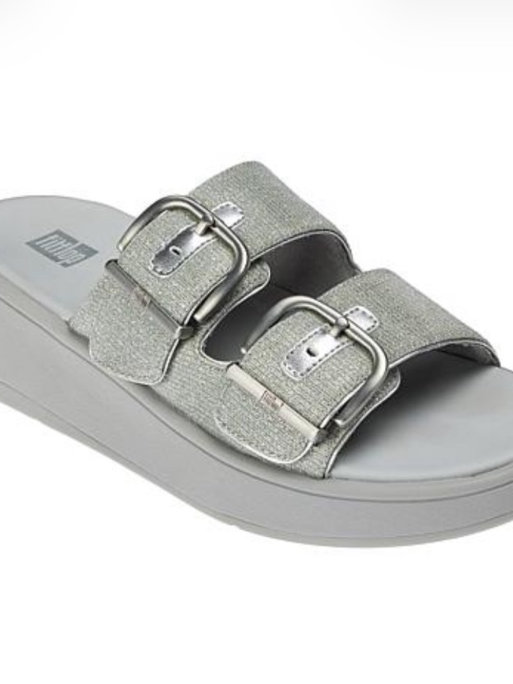 Fitflop NWT F-Mode Double Buckle Silver Shimmerlux Flatform Size 7 Slides